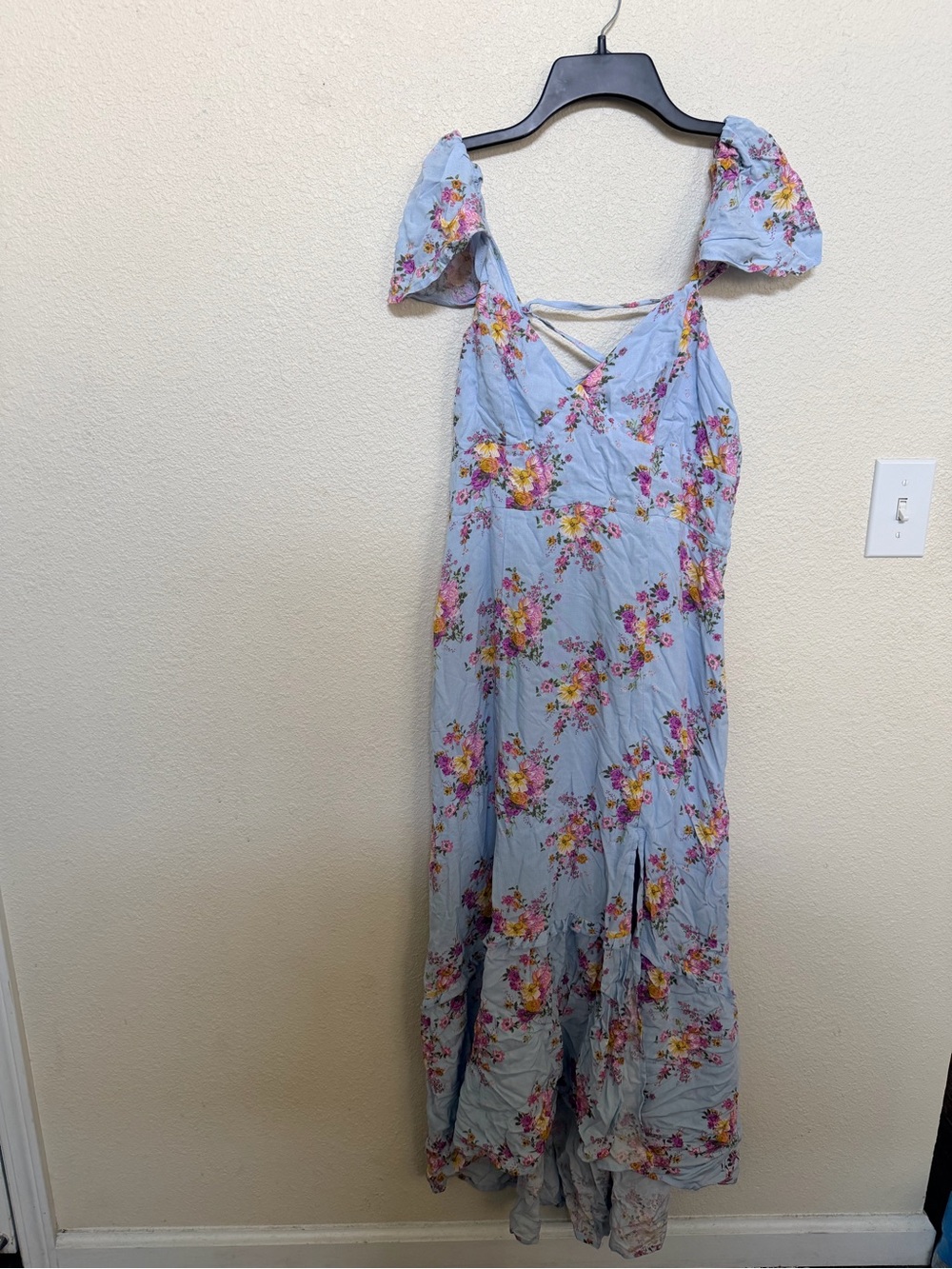 Rewind Light Blue Floral Maxi Dress with Puff Sleeves
